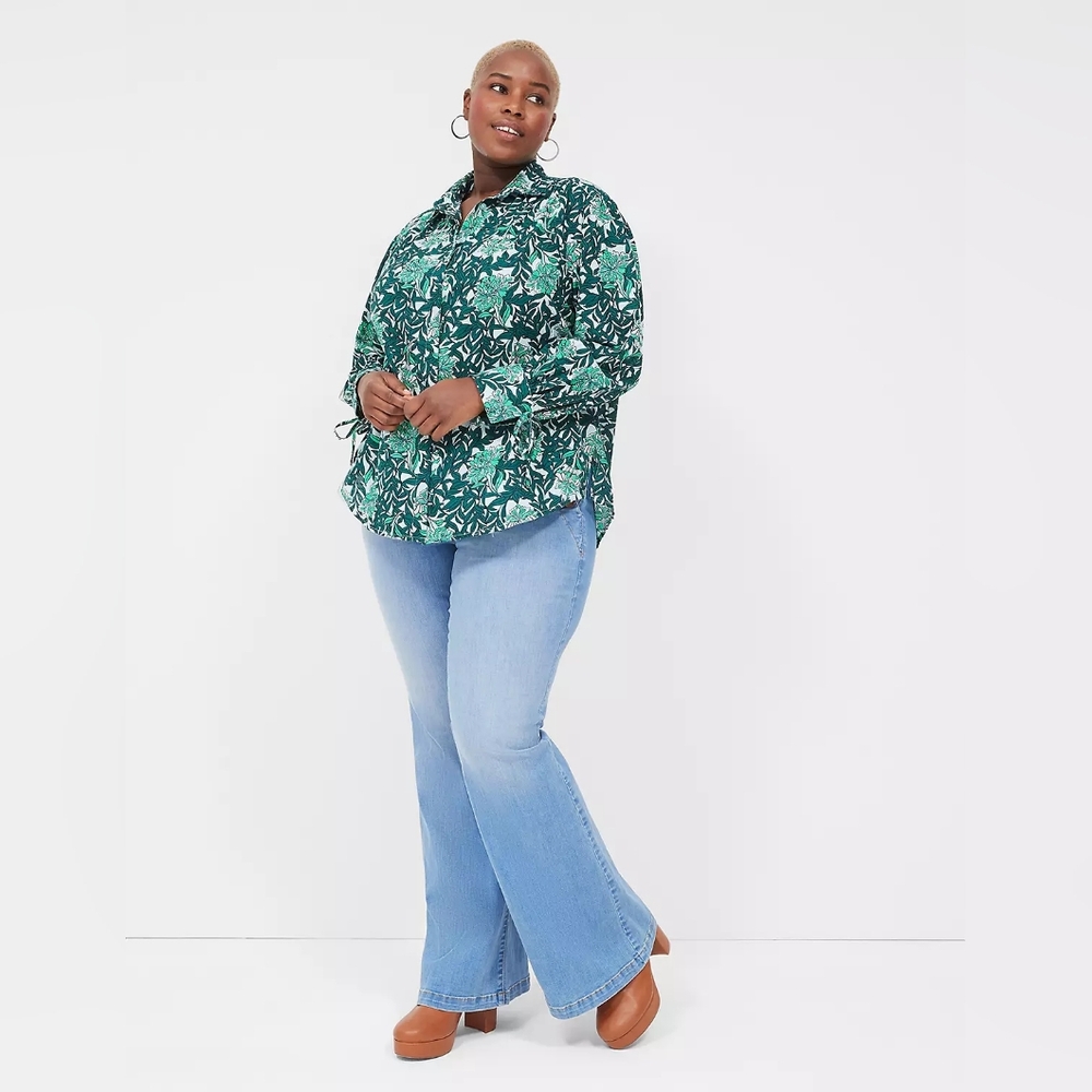 LANE BRYANT Green Floral Button-Up Shirt 100% Cotton Plus Size 18
